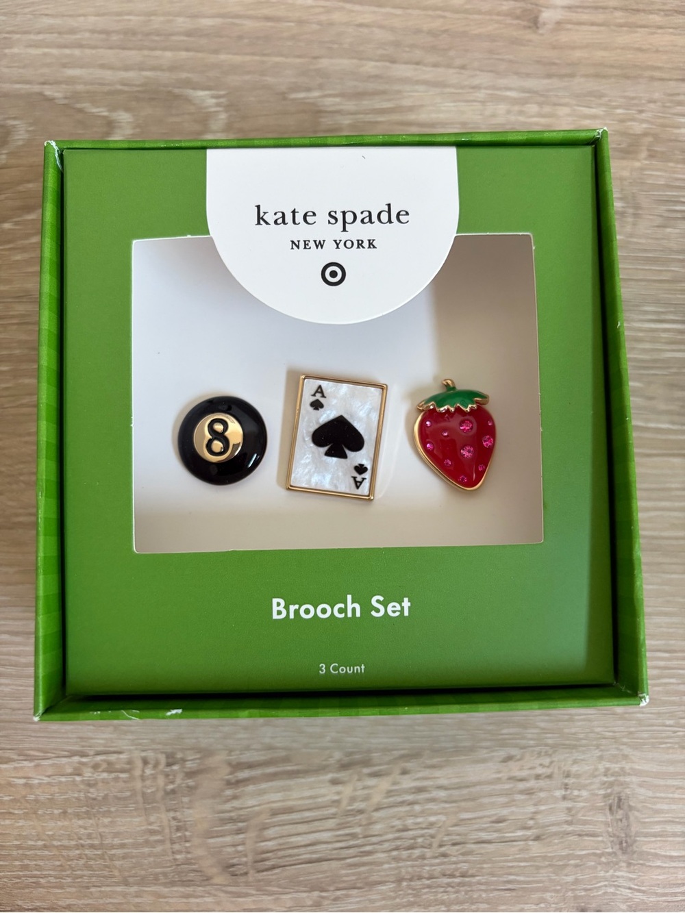 New Kate Spade New York x Target Brooch Set 3pk Eight Ball Strawberry Ace Card